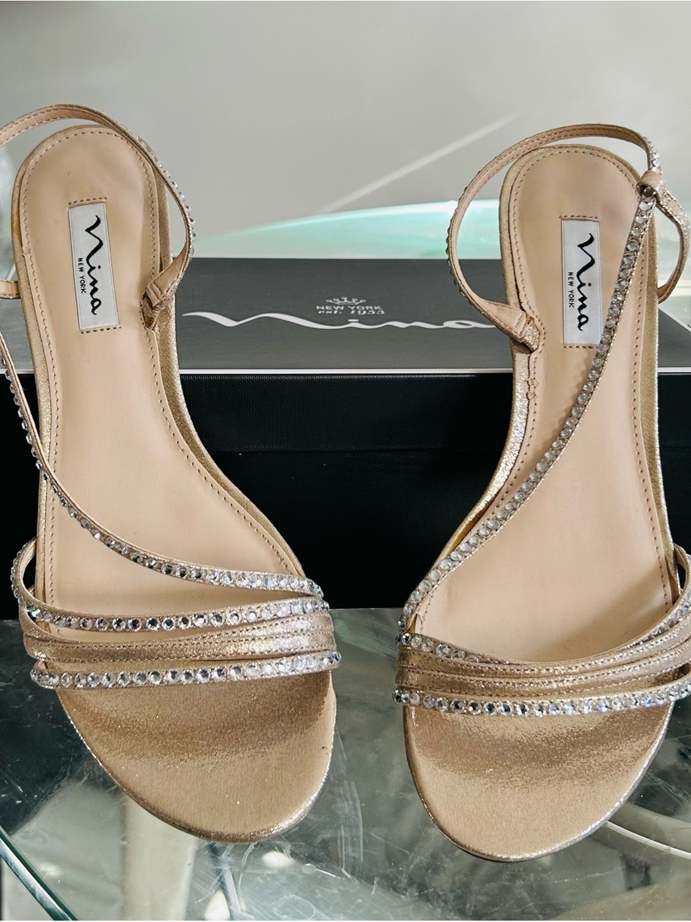 Nina “Gerri” Gold & Crystal Embellished Strappy Sandals -with the Box Size 9